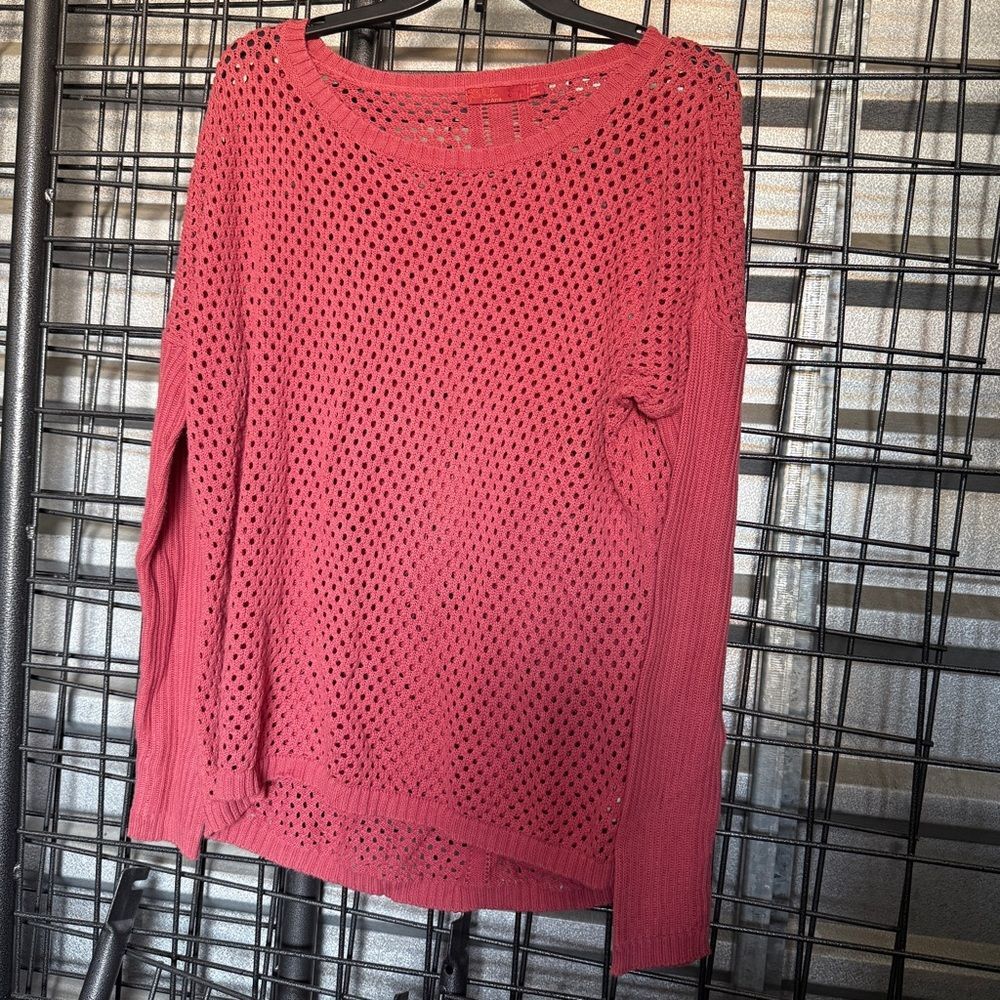 Prana Open-Knit Sweater large organic cotton size L Coral Pink open knit A8